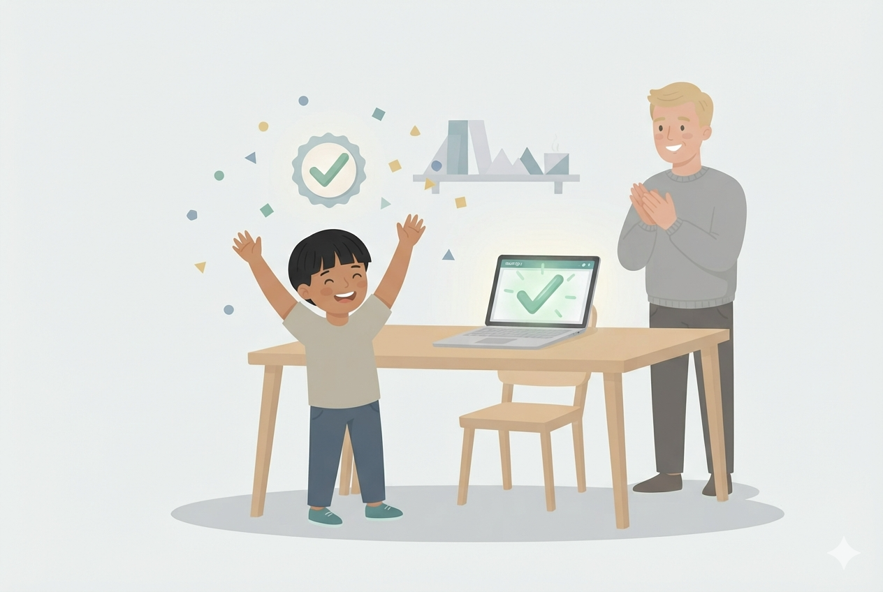 A boy cheering with his arms up while his father claps beside him.