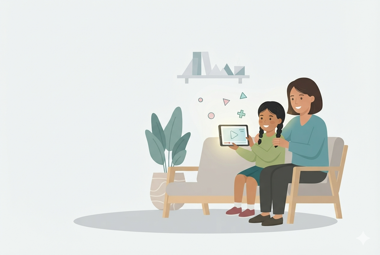 A girl and her mother sitting on a sofa, looking at a maths lesson on a tablet together.