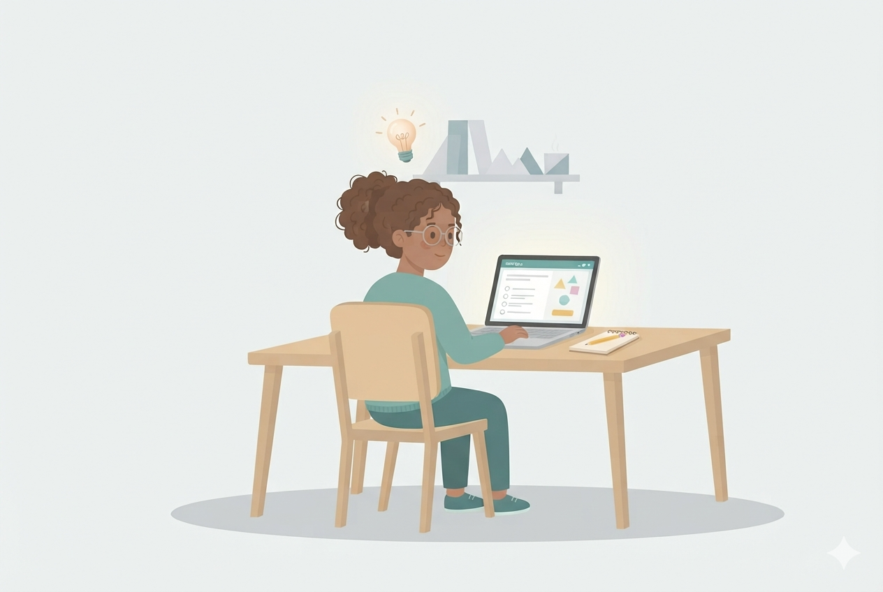 A girl with glasses working through a maths exercise on a laptop.