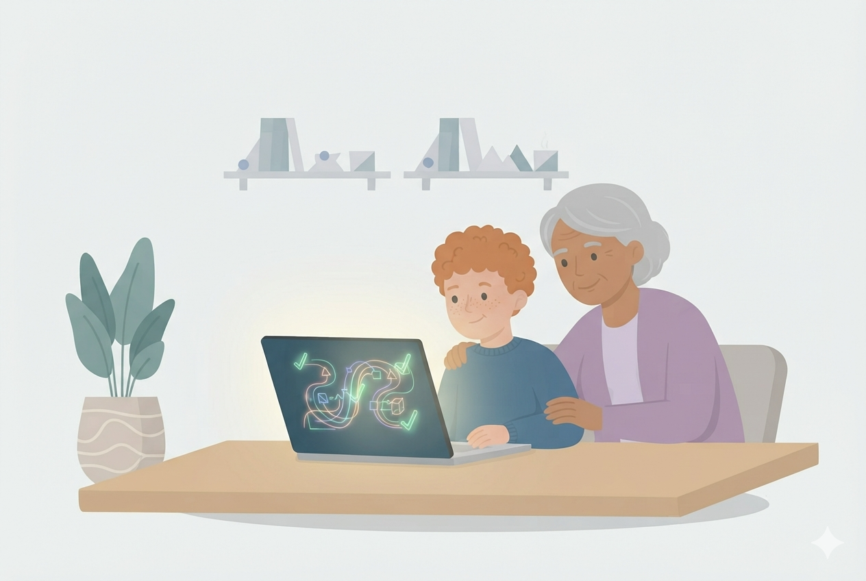 A boy and his grandmother at a laptop, going through the steps of a maths solution together.